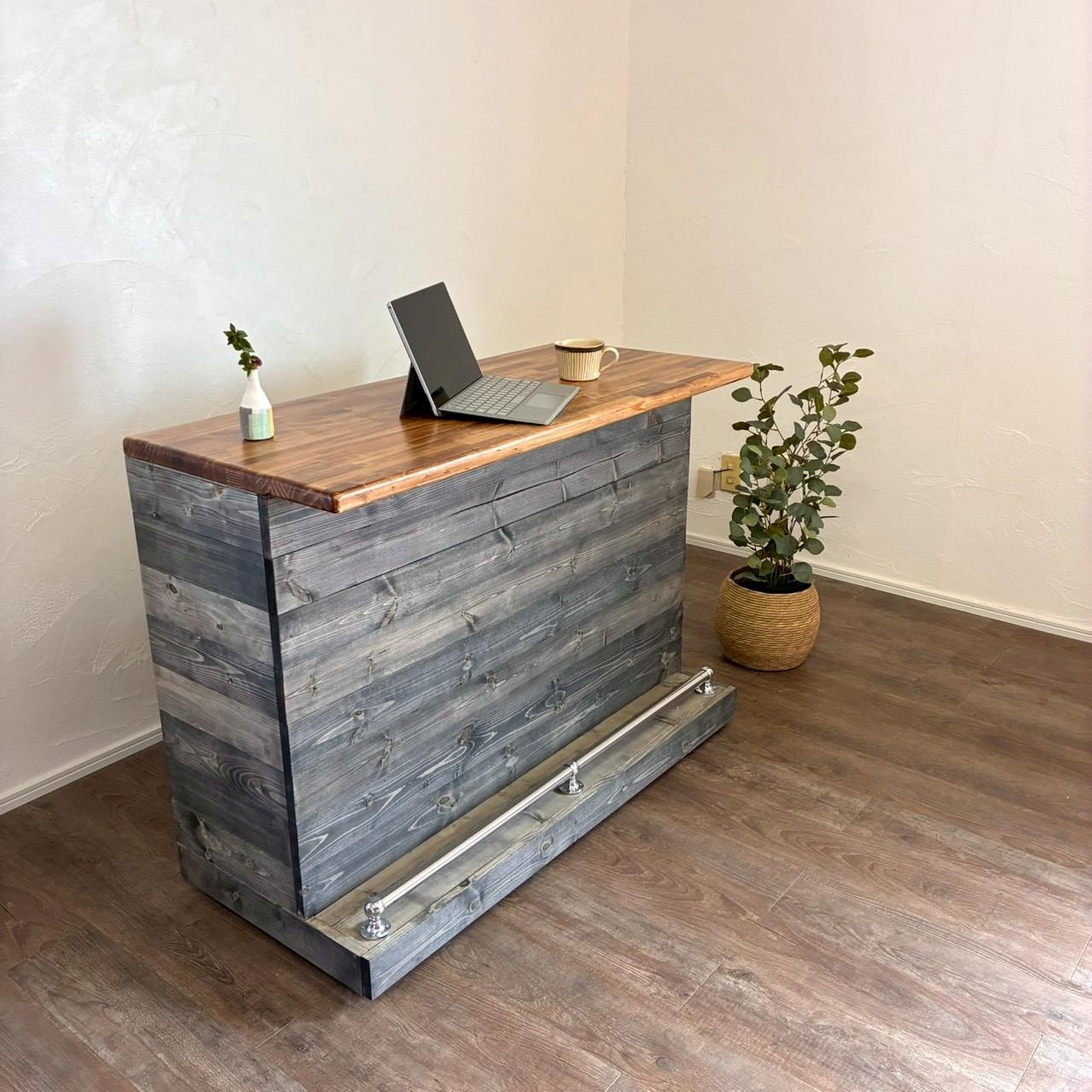 【男前フットレスト・キャスター付きバーカウンター】黒　レジ台　店舗什器 キッチンカウンター　美容室・サロンにも♪